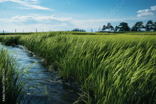 A field of wild rice, its delicate grains ripening in the tranquil waters, symbolizing the balance between agriculture and natural ecosystems. Generative Ai.