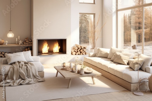 Light living room in Scandinavian style with a fireplace. Modern interior. © Simon