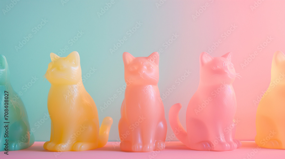 Cats semitransparent plastic miniatures. Small sculpture of cats on gradient background. Pastel colours toys. 3D printing model. - obrazy, fototapety, plakaty 