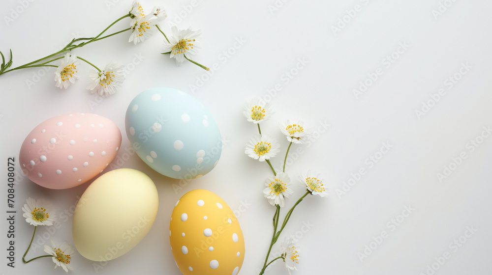 Easter eggs with flowers on white background. Blue, yellow and rose eggs. Top view Easter composition. Easter eggs with flowers on white background. Blue, yellow and rose eggs. Top view Easter composition.