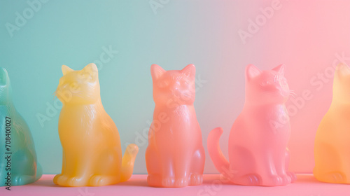 Cats semitransparent plastic miniatures. Small sculpture of cats on gradient background. Pastel colours toys. 3D printing model.