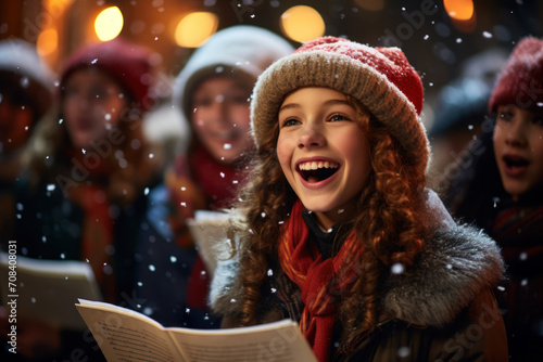 A group of carolers singing joyous tunes on a snowy evening, spreading the gift of music and camaraderie during the holiday festivities. Generative Ai.