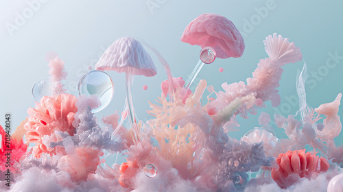 Sea Plants and Corals. Surreal Underwater Landscape in Pastel Colours. Fantasy 