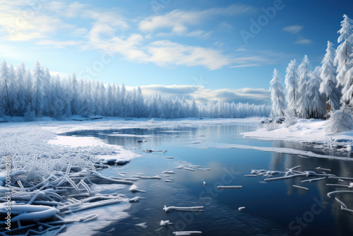 A serene winter landscape with a frozen lake, capturing the tranquility and beauty of nature during the holiday season. Generative Ai. © Sebastian