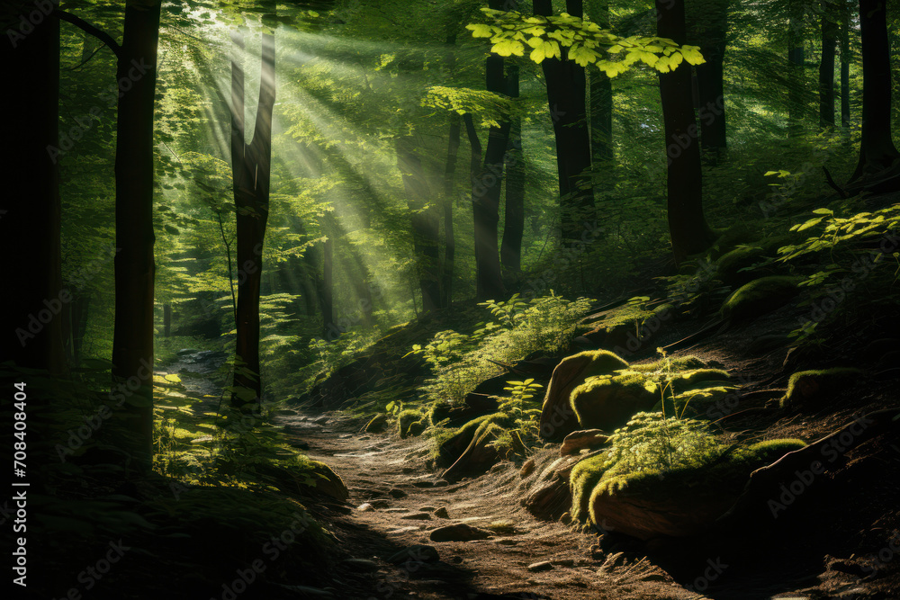 Beams of sunlight filtering through dense forest foliage, creating a captivating play of light and shadows in the heart of nature. Concept of serenity and natural beauty. Generative Ai.