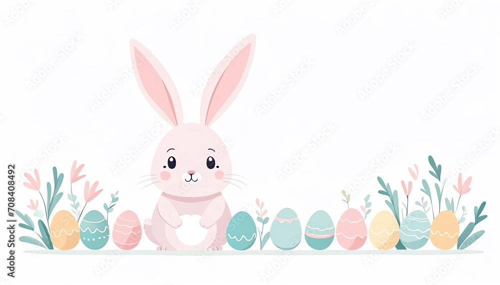 Cute pink easter bunny with decoration and copy space on white Cute pink easter bunny with decoration and copy space on white