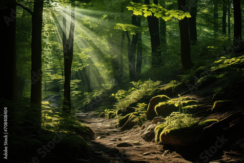 Beams of sunlight filtering through dense forest foliage, creating a captivating play of light and shadows in the heart of nature. Concept of serenity and natural beauty. Generative Ai.