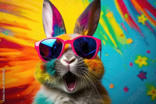  Cool Easter bunny with sunglasses on colorful background.