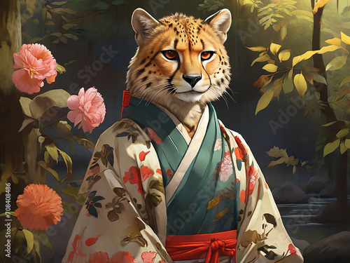 Illustration of a Cheetah in Traditional Japanese Clothing in Forest