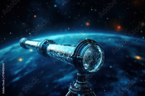 A telescope pointed at the night sky, revealing distant galaxies and celestial bodies, highlighting the boundless mysteries of the universe. Concept of cosmic exploration. Generative Ai. © Sebastian