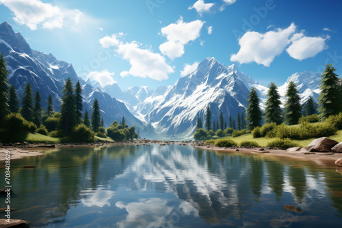A serene mountain lake reflecting the towering peaks surrounding it  offering a moment of tranquility and introspection. Concept of peaceful solitude. Generative Ai.