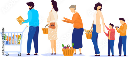 People in grocery store, line at cash desk, supermarket customers, vector illustration. Men and women buying groceries in shop. Customers cartoon characters, scene from grocery store or supermarket