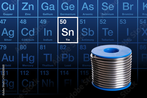 Spool of soft solder wire, and element tin on the periodic table. A soft metal, easy to bend and to cut. Tin is a chemical element with Symbol Sn, from Latin stannum, and with atomic number 50. photo
