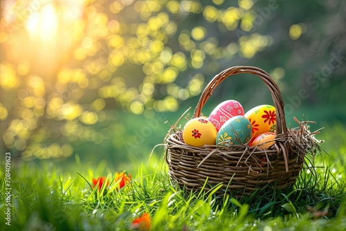 Easter Painted Eggs In Basket On Grass In Sunny Orchard Easter Painted Eggs In Basket On Grass