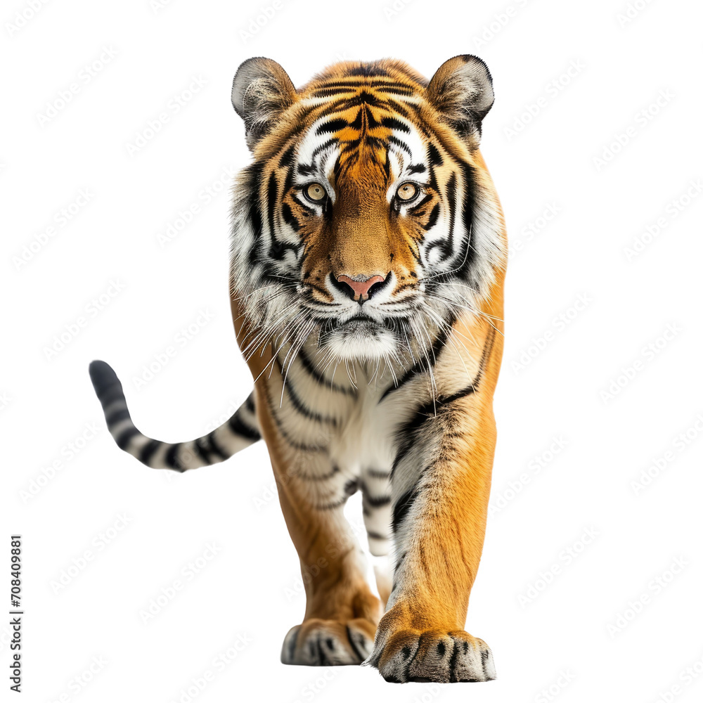 A tiger with striking stripes approaching the camera. A tiger with striking stripes approaching the camera.