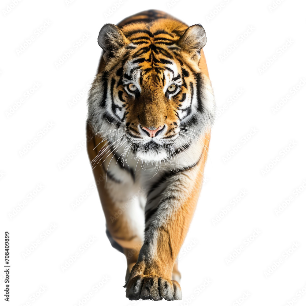 A tiger with striking stripes approaching the camera. A tiger with striking stripes approaching the camera.