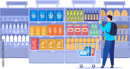 People in grocery store, line at cash desk, supermarket customers, vector illustration. Men and women buying groceries in shop. Customers cartoon characters, scene from grocery store or supermarket