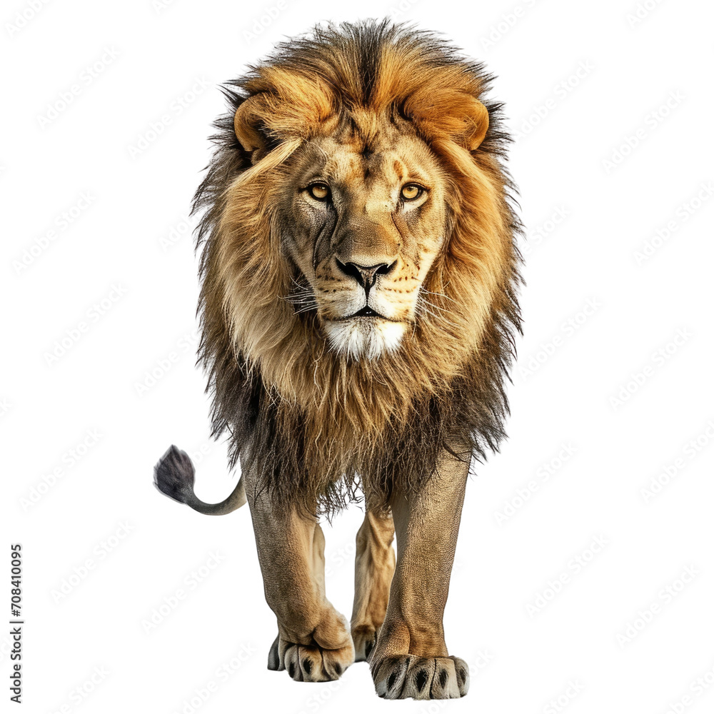 A majestic lion walks towards the viewer, exuding power. Transparent background.