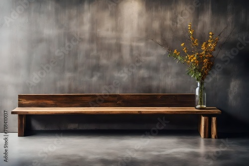 Wooden Bench and flowers vessel with the concrete grey wall. © sarmad