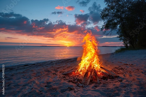 campfire crackling on sandy beach professional photography