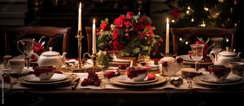 Intimate candlelit tea gathering with holiday-themed table decor.