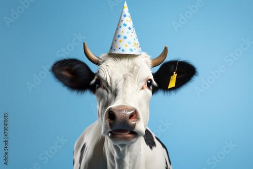 cute black and white spotted cow in a festive hat on a blue background. funny animal concept
