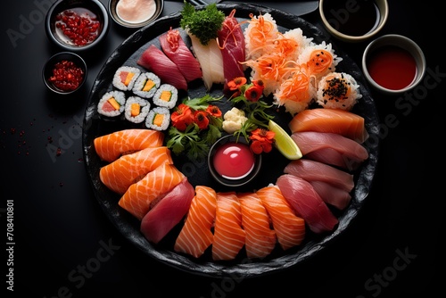 closeup big assorted set of delicious sushi and roll on plate on black background