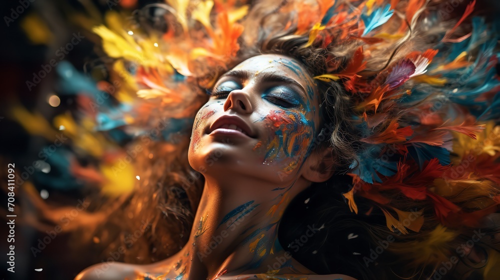 A young woman enclosed in a vibrant paint explosion with her eyes closed, Generative AI.