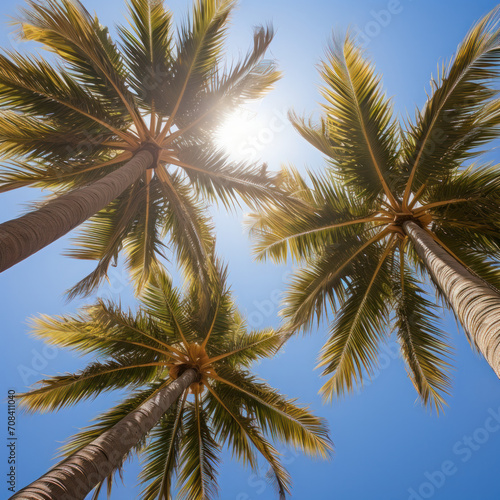 Looking up to the blue sky win sun behind the palm trees