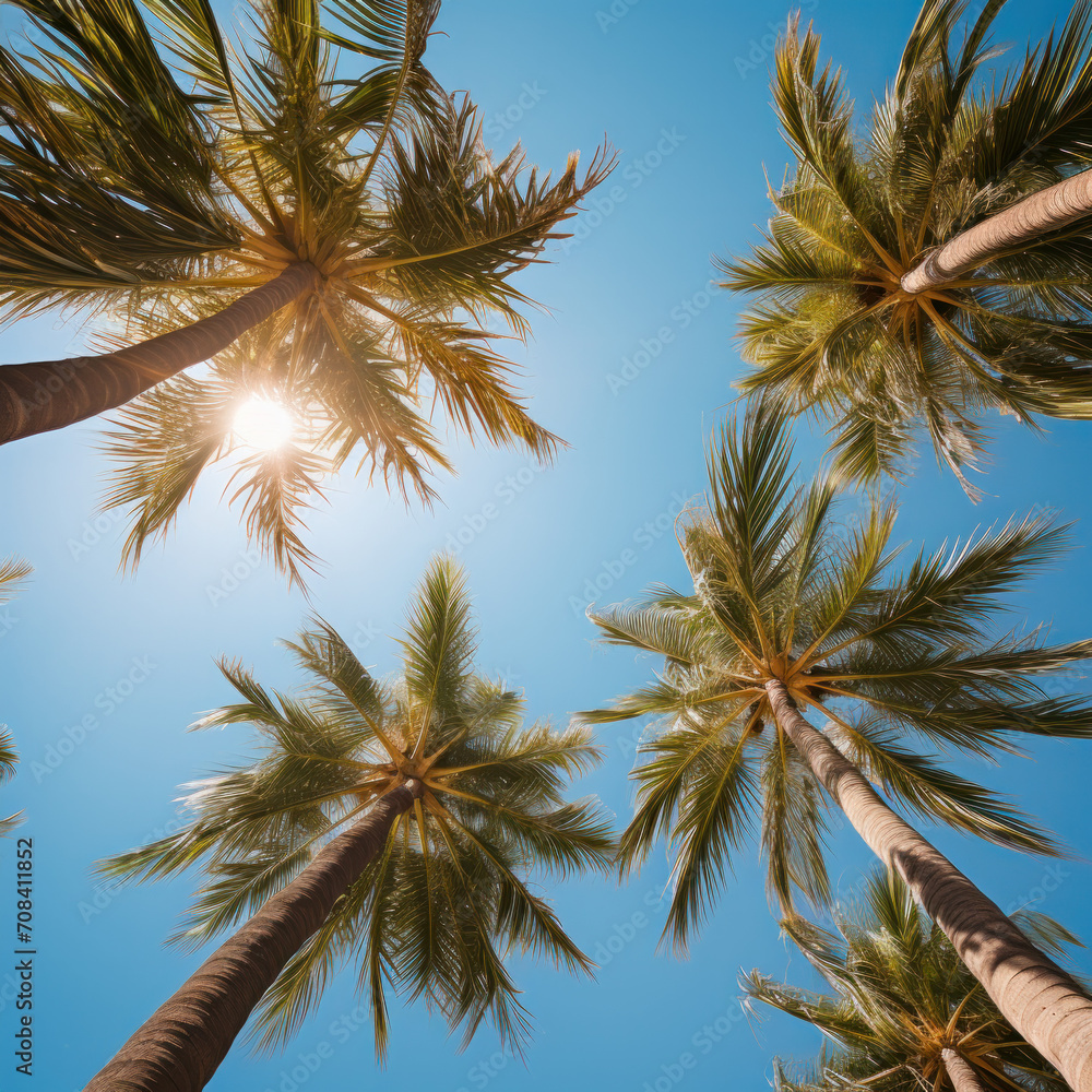 Looking up to the blue sky win sun behind the palm trees