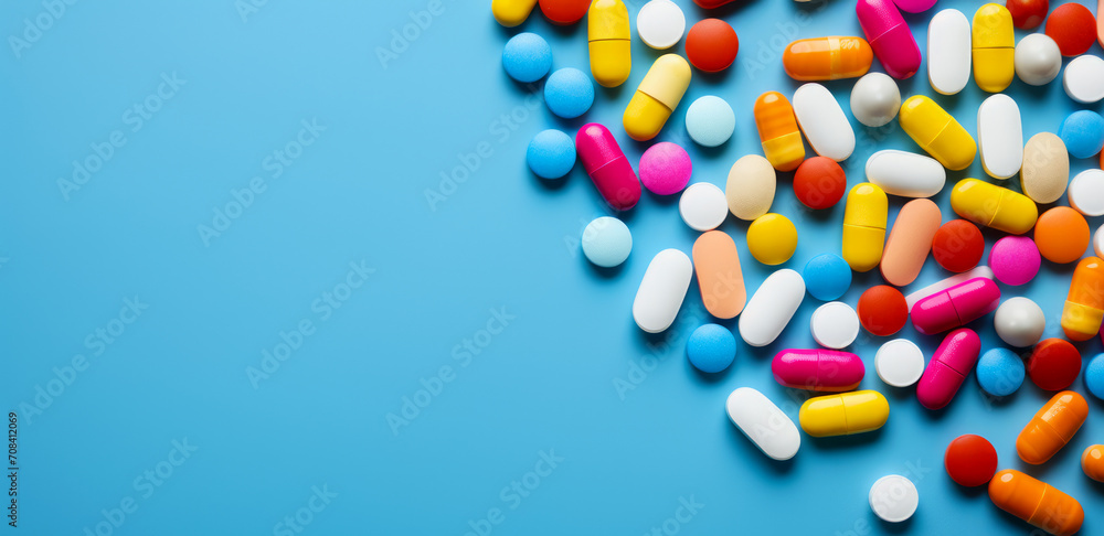 Medicamentos comprimidos, pastillas de colores. - obrazy, fototapety, plakaty 