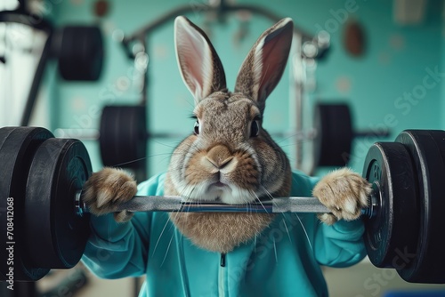 Cool Easter bunny doing a workout in the gym. photo
