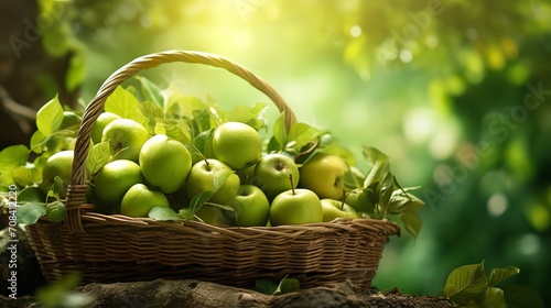 Apples that are green beneath the fruit tree in a basket  Generative AI.