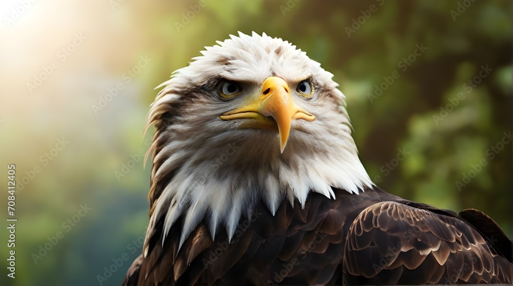 Obraz premium Close up portrait of American Bald eagle face isolated on nature background with copy space. haliaeetus leucocephalus. Front view of Bald eagle