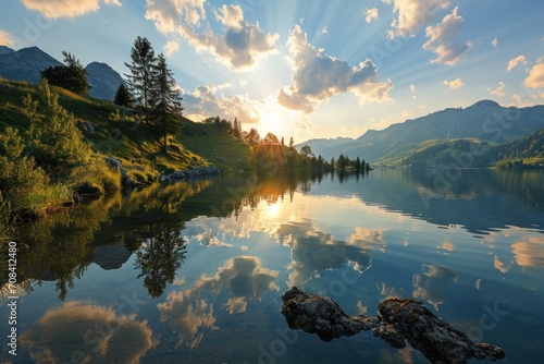 Sunset over calm mountain lake in Austria