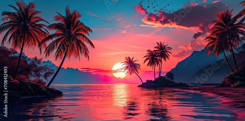 Artwork of a sunset at the beach with palm trees in retro style. © Simon