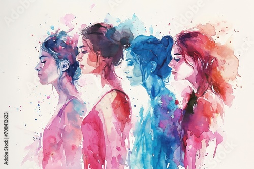 Colorful illustration of a group of women. International Women's Day concept in watercolor style.