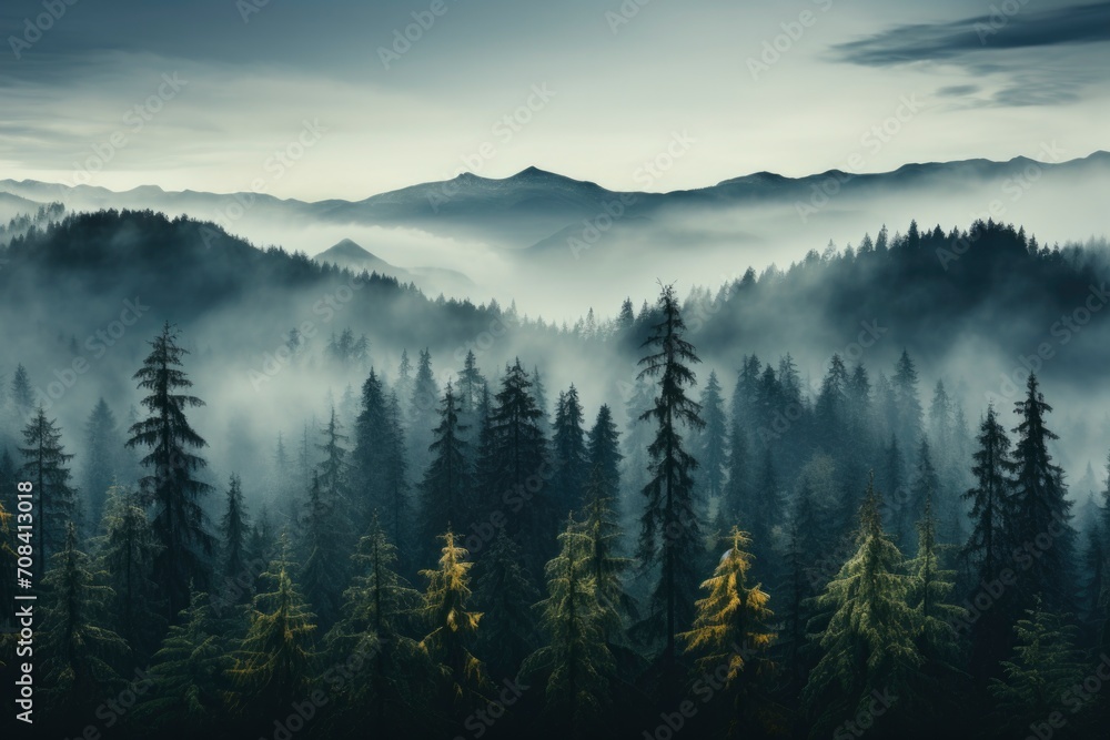 The mystical allure of a foggy fir forest, where the mist dances between the evergreen trees, creating a serene and captivating mountain scene.