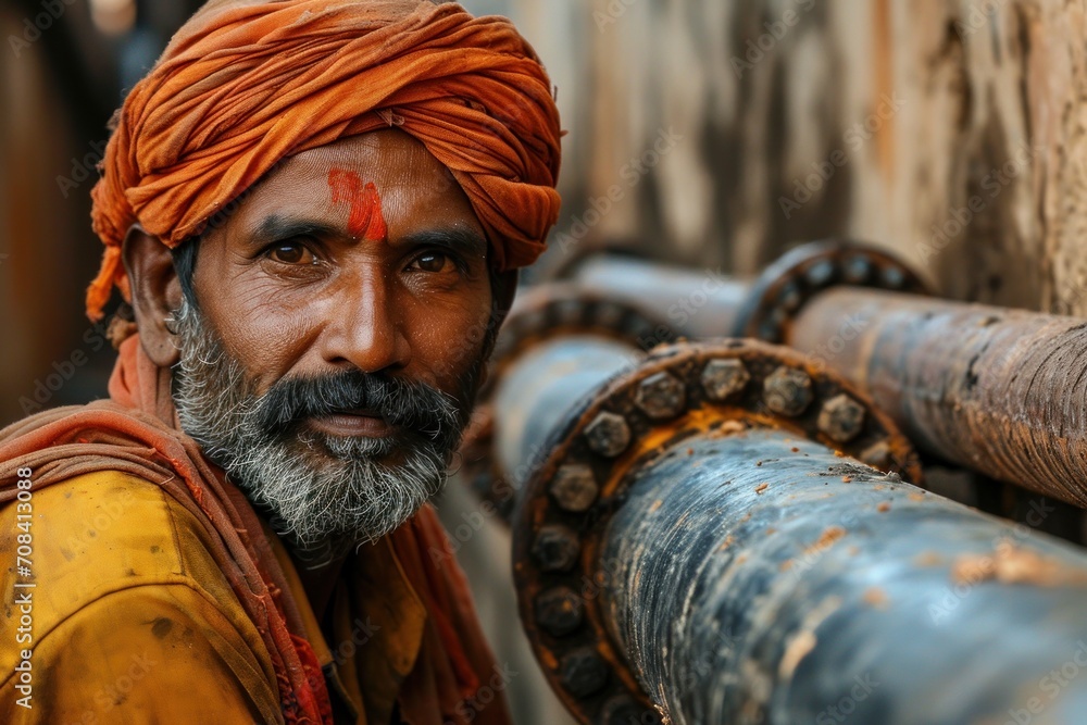 Indian Construction Worker Inspecting Water Pipeline