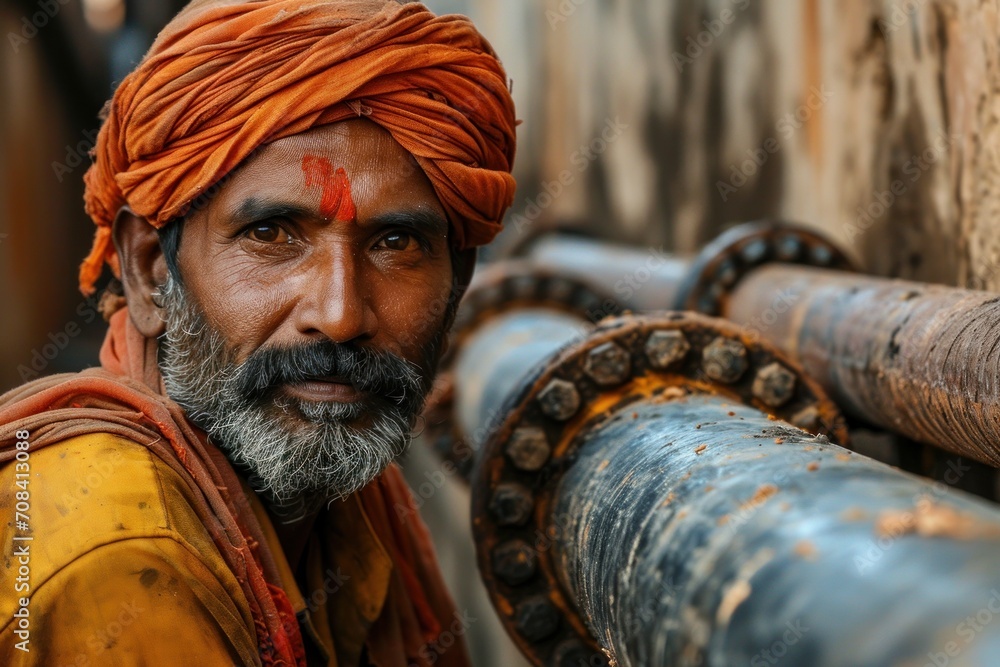 Indian Construction Worker Inspecting Water Pipeline Indian Construction Worker Inspecting Water Pipeline