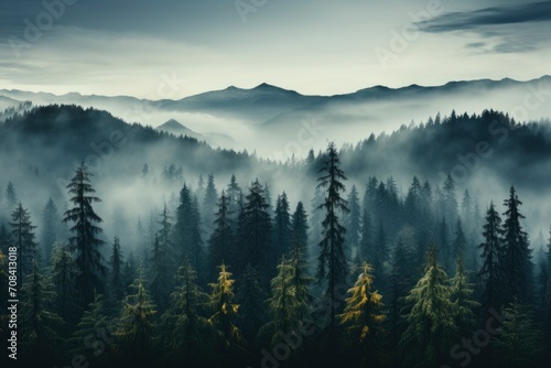 The mystical allure of a foggy fir forest, where the mist dances between the evergreen trees, creating a serene and captivating mountain scene.