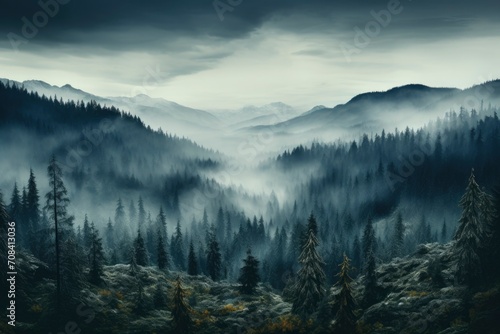 A misty morning in the fir woods  where the ethereal fog weaves through the trees  casting an enchanting spell on the mountainous landscape.