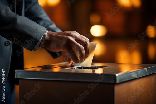 Eagerly putting their vote into the ballot box, the voter's hand showcases the essence of democracy, contributing to the collective decision-making process with their carefully chosen ballot. photo