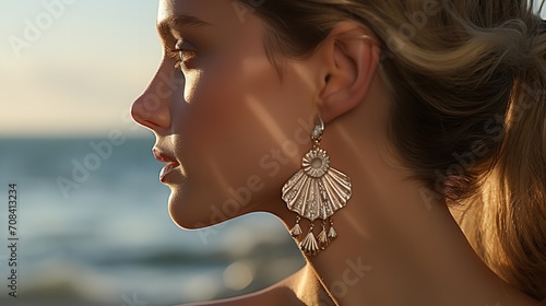 Attractive woman model wearing sea creature shape earrings, Generative AI.