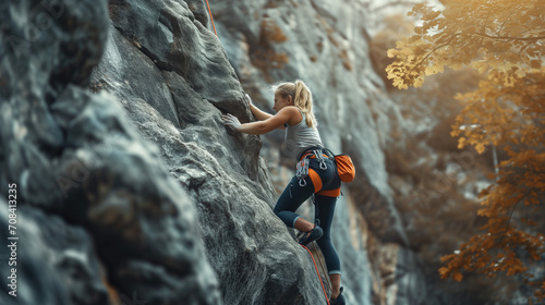 The rock climber girl conquers the mountain using mountaineering gear. photo