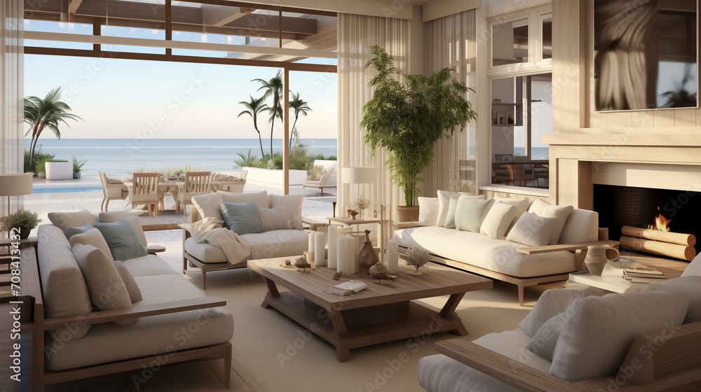 Obraz premium Luxury hotel room, Modern living room minimal and clean, Coastal style home interior design of modern living room, Ai generated image