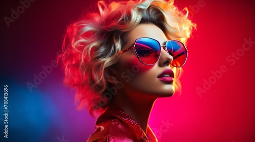 An attractive young woman in short hair wearing sunglass against a vibrant background  Generative AI.