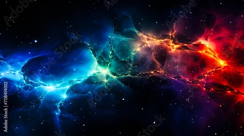 The nebula is shaped like neural connections made up of many different colors including red, green, blue . The dark void creates a sense of depth and contrast, making the nebula stand out.