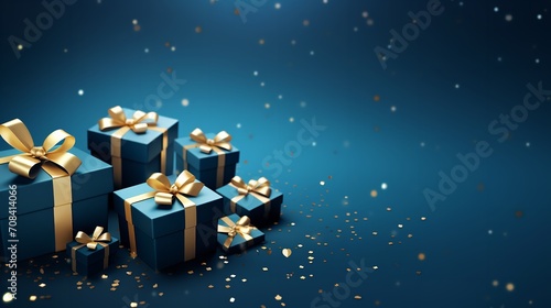 Blue background with gold bow on blue gift boxes, Generative AI. © MinixT