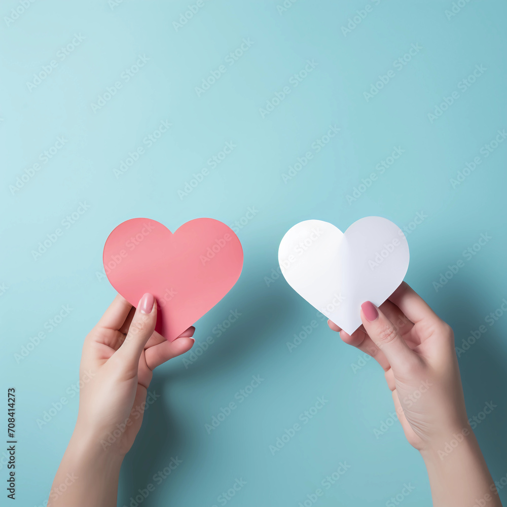 Woman hands holding whit paper heart shape for Happiness moment, Health care, donate, Anniversary, Valentine's day, Hope and family insurance concept, World heart day, world health day, Generative AI. Woman hands holding whit paper heart shape for Happiness moment, Health care, donate, Anniversary, Valentine's day, Hope and family insurance concept, World heart day, world health day, Generative AI.
